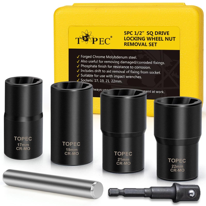 Topec 6PCS Lug Nut Removal Tool, 1/2-Inch Drive Wheel Lock Removal Kit, 17,19,21,22mm Stripped Lug Nut Remover, Extractor Socket Set for Broken, Damaged, Rounded Bolts - Image 1
